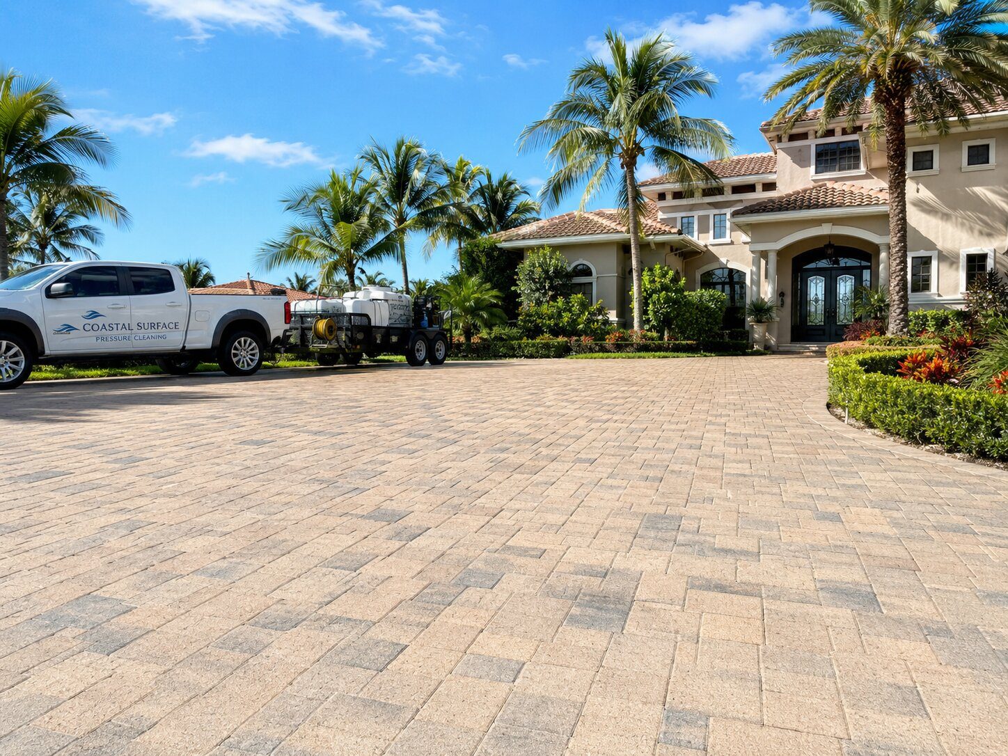 Coastal Surface Pressure Cleaning truck on a freshly cleaned paver driveway at a South Florida home
